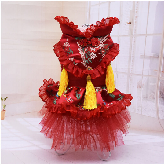 Embroidery dresses, wedding tang birthday dress, summer pet dog cat puppy princess lace dress costume girls m: chest 32cm, back length: 25cm