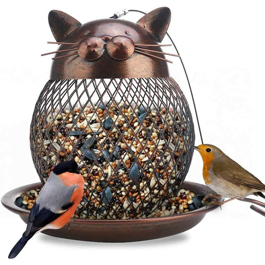 Outside Wild Bird Feeder, Heavy Duty Metal Frame Squirrel Proof Bird Feeders Hanging for Garden Yard Outdoor Decoration, Cute Cat Shaped