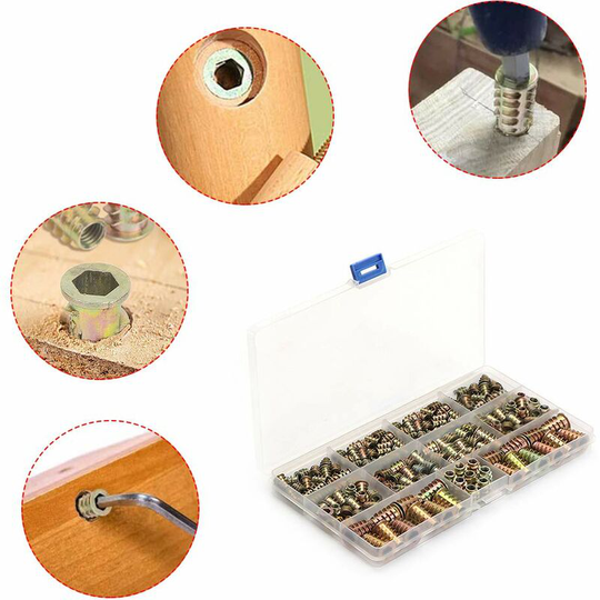 Osqi - Wood Thread Insert, 165pcs Zinc Alloy Threaded Nuts Hexagonal Threaded Insert Hex Socket Nuts M4/M5/M6/M8 External Thread for Wood Furniture