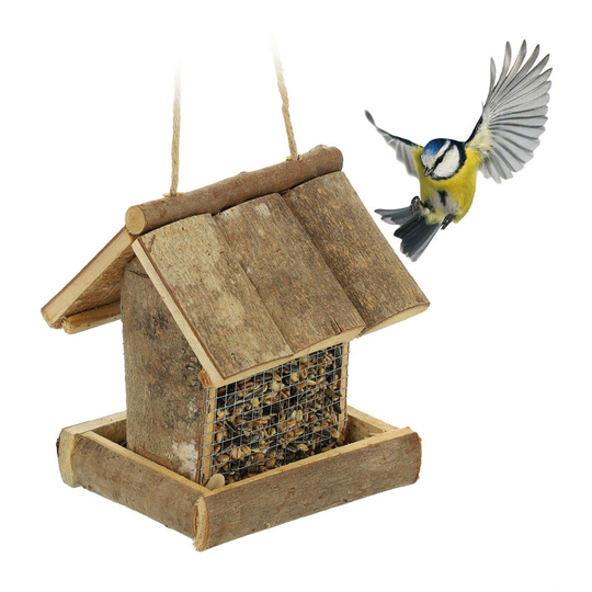 Bird Feeder House, Hanging Feeding Station, HxWxD 17.5 x 14.5 x 11.5 cm, Wooden Birdhouse, Natural - Relaxdays