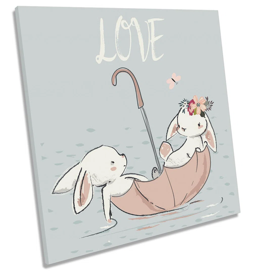 Love Rabbits Umbrella Picture CANVAS WALL ART Print Square Pink