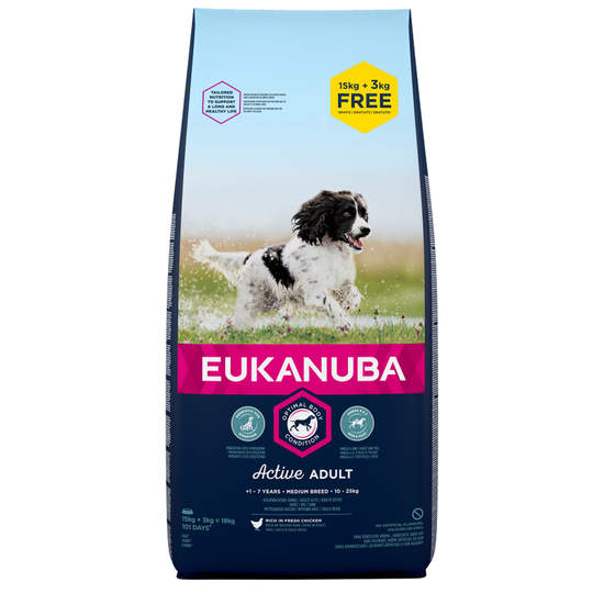 15kg Eukanuba Dry Dog Food + 3kg Free!* - Active Adult Medium Breed - Chicken (18kg)