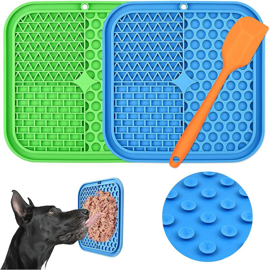 Perle Rare - Dog Lick Mat, 3Pcs Dog Lick Mat with Suction Cup (Green Dog Lick Mat + Blue Cat Lick Mat + Orange Spatula) for Treats/Food (Non-Slip,