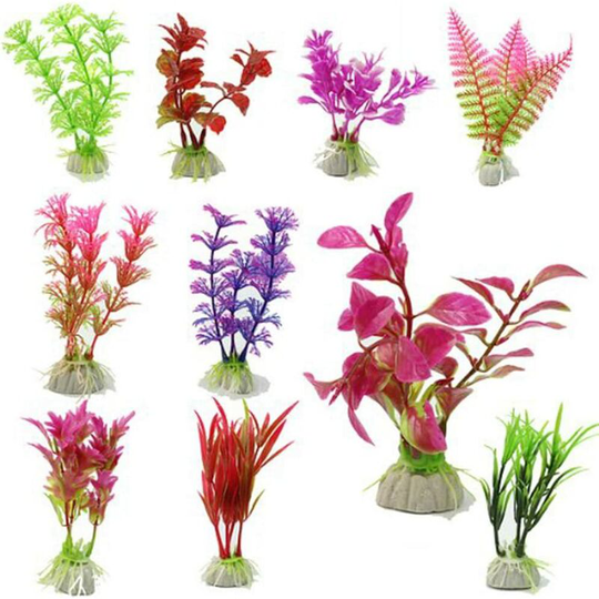 Litzee - 10 pieces of aquarium plastic plants, aquarium fish tank, water plants, plastic decorations, ornaments (random colour)