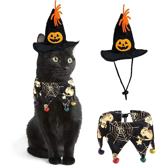 Halloween Pet Costume Cat Costume Collar Cloak with Hat Wizard Small Animal Kitten Puppy Cosplay Halloween Party Pet Decoration (Spider Web)