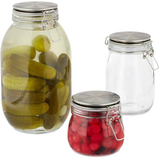 Glass Jars, Set of 3, with Clip Top Lid, For Preserving Fruit & Vegetables, 500, 1000, 3000 ml, Transparent - Relaxdays