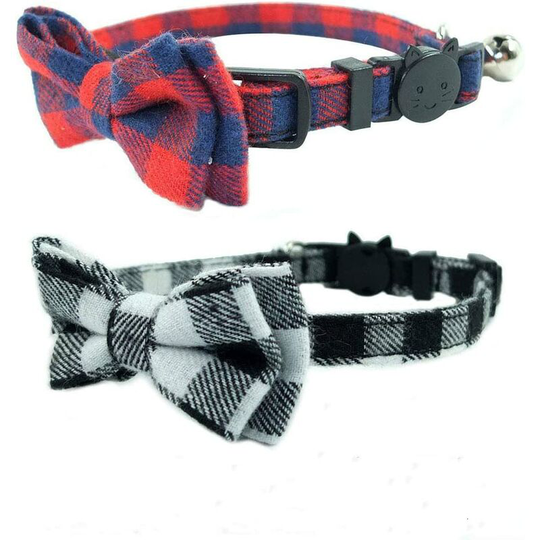 Litzee - Cat Collar with Bow Tie and Bell for Cat and Some Puppies, Adjustable 7.8-10.5 Inches Pack of 2 (Red + Black)