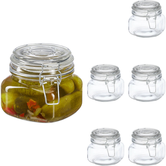 Set of 6 Clip Top Jars, 500 ml, Clear Glass, Preserving, Pickling & Pantry Storage, Kitchen, Transparent - Relaxdays