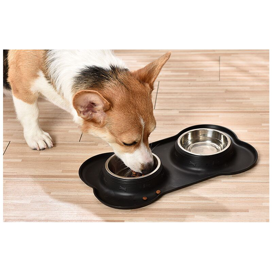 Benobby Kids - 2 x 350ml Dog Bowl with Dog Bowl Mat - High Quality Silicone Non-Slip Dog Mat Silikon and Stainless Steel Dog Bowl/Dog Water Bowl