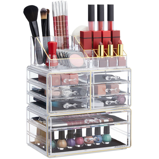 Set of 1 Relaxdays Makeup Organizer with Drawers, Stacking Makeup and Jewellery Box, Acrylic Cosmetic Kit, Clear/Gold