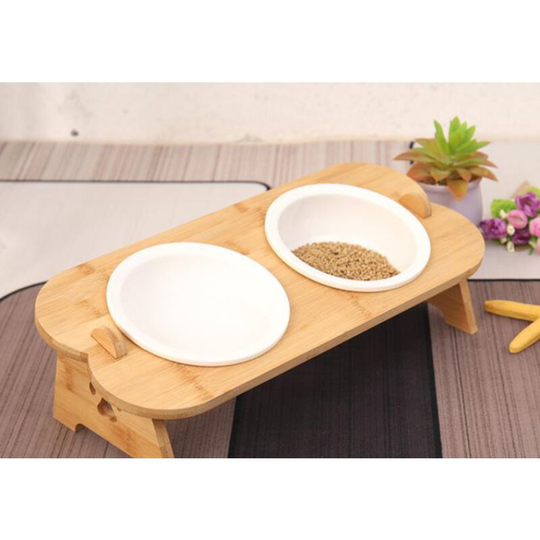 Einemgeld - Elevated Cat Ceramic Bowls, Small Dog Tilted Raised Food Feeding Dishes, Solid Bamboo Water Stand Feeder Set for Cats and Puppy$Elevated