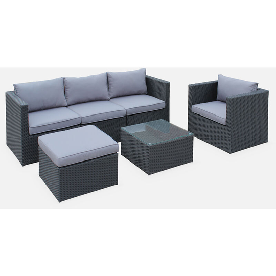 5-seater rattan garden furniture sofa set table, black weave wicker, grey cushions. Aluminium frame. Ready assembled. - Black