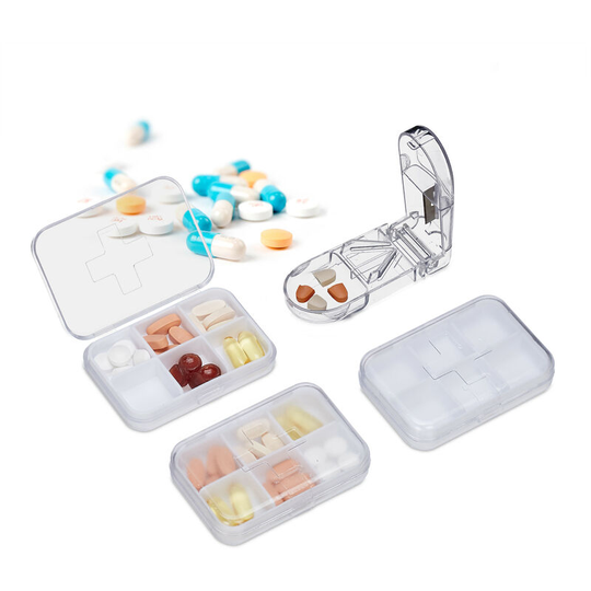 Set of 3 Relaxdays Pill Dispenser, 6 Compartments, Med Cutter, Compact, Portable, Plastic Travel Case, White