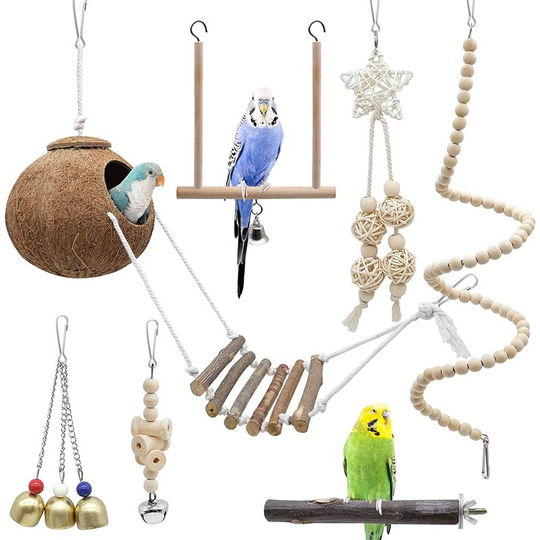 Briday - Parrot Bird Toys 7 Pcs, Natural Coconut Shell Bird Cage With Ladder, Swing Climbing Hammock,Perched Chain For Birds, Parrots, Budgies,