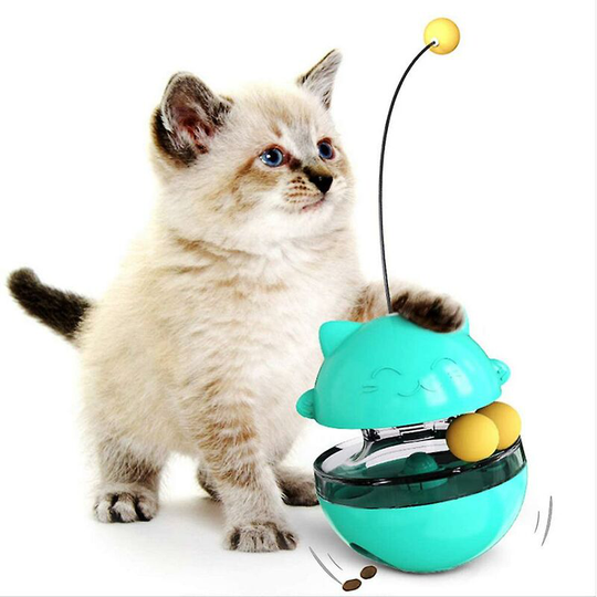 Cat Slow Feeder Toy - Fun Tumbler Style, iq Training Interactive Treat Toy with Double Rolling Ball and Detachable Wand Blue