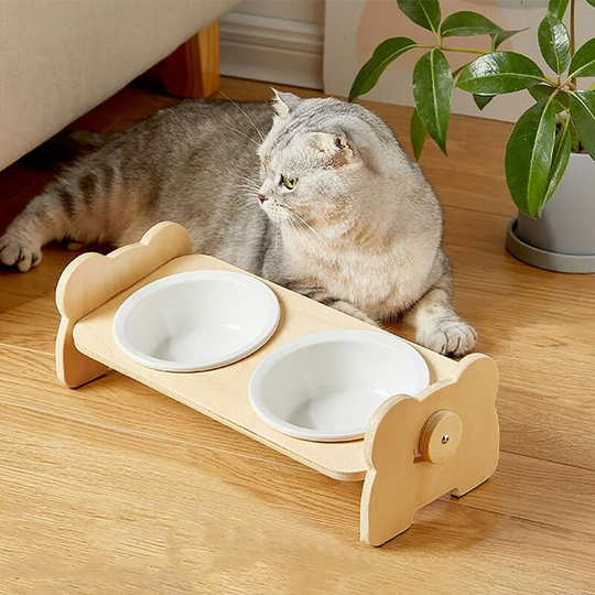 Ceramic Raised Dog Cat Bowl, 15° Tilted Non-Slip Anti-Vomiting Dog Cat Food Bowl, Cat Food Bowl with Wooden Stand for Small Dogs and Cats (Double