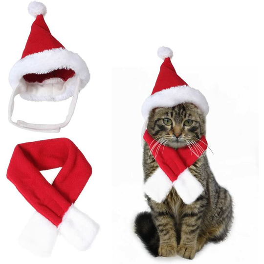Soekavia - Cute Santa Hat & Scarf Xmas Red Costume Suit Dress Up for Pet Dog Cats Fashion Accessory (S-Fit neck size within 11')