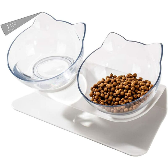 Perle Rare - Double Elevated Cat Bowls with Raised Stand, 15 Tilted cat Bowl Design Neck Guard Stand Raised Pet Food Water Feeder Bowl for Cats or