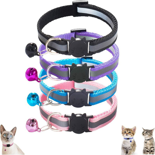 Set of 4 anti-strangulation cat collars, adjustable kitty safety collar with bell and safety buckle