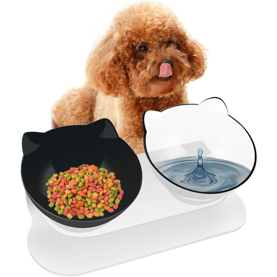 Cat Bowl, Pet Bowls with 15° Tilt Stand, Cat Bowl, Double Bowl for Cats and Dogs, Bowl for Cats and Small Dogs (Clear + Black)