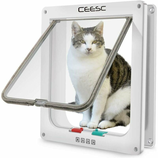 Monly - Large cat flap (28cm x 24.9cm outer size), 4-way locking cat flap for cats and small dogs under 25' in circumference, easy to install and use