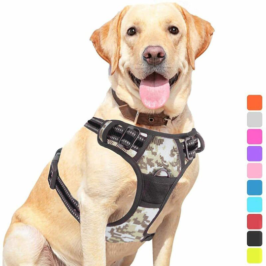 Dog harness, dog collar, dog leash set, reflective dog harness anti-pull adjustable vest(M)camouflage