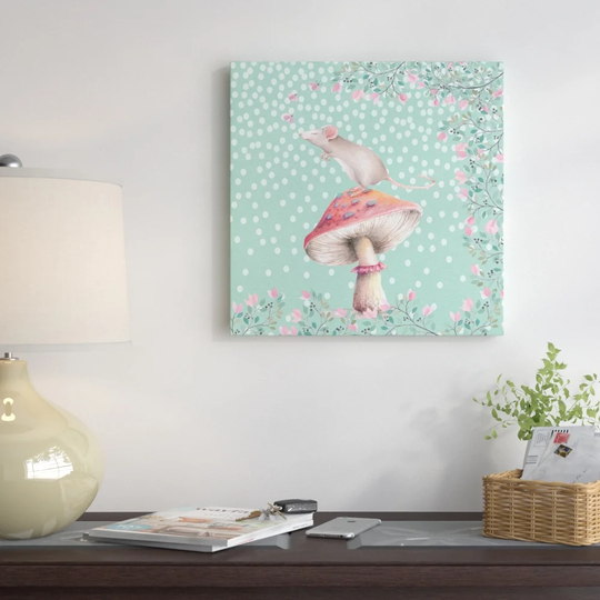 Mouse Animal Flowers Floral - Graphic Art Print on Canvas