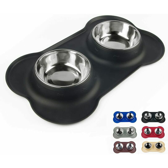 Dog Bowl AntiSpill and Nonslip Silicone Dog Food Mat Stainless Steel Automatic Feeder Black No.