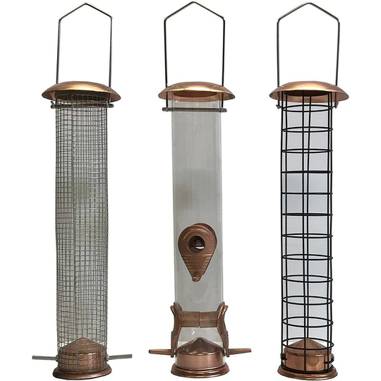 Large Copper Style Hanging Bird Feeders Seed, Nut and Fatball (Set of 3)