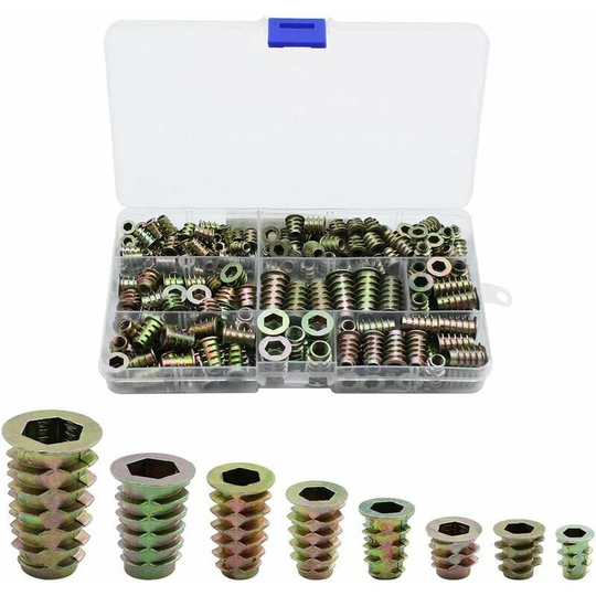 Zinc Alloy Hex Threaded Insert Nuts Threaded Insert Nuts External Thread for Wood Furniture Nut Tool Kit 230 Pieces