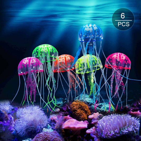 Fish tank simulation jellyfish 6 packs, 6 colors mixed with suction cup, silicone non-toxic