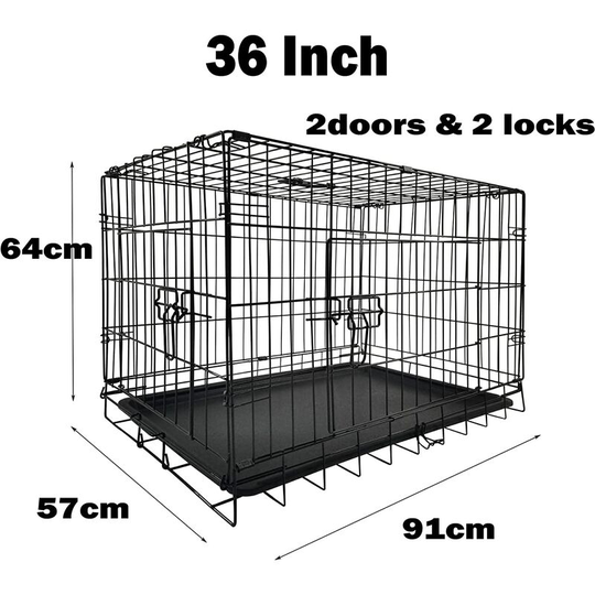 36 inch Dog Puppy Cage Large Black Folding 2 Door 4 Locks Crate Heavy Duty Animal Transport Pet Carrier With Tray