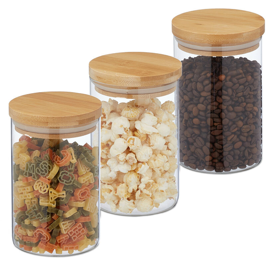 Relaxdays - Storage Jars in Set of Three, 800ml Each, Bamboo Airtight Lids, Dry Food Storage, Glass, Transparent/Brown