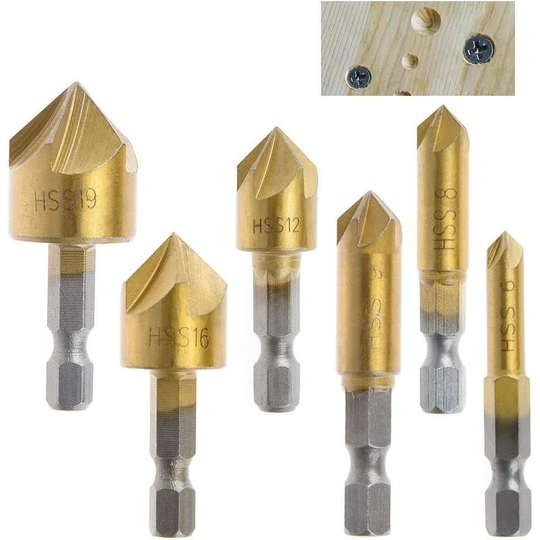 Bearsu - 6pcs hss 90 Degree Chamfer Cutter 5 Flute Chamfer Cutters Tailor Hole Titanium Coated Chamfer Cutter 1/4 'Woodworking Drill Bit Hex Shank
