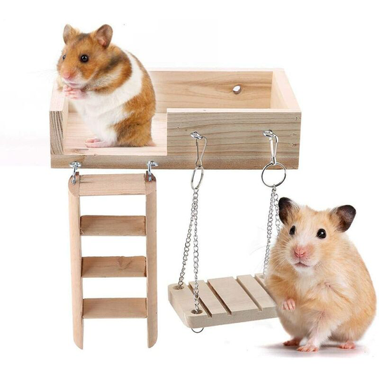 Hamster Toy, Wooden Ladder Platform Swing Ladder Toy Set for Mice Gerbil Rat Chinchillas Squirrel Guinea Pig