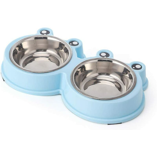 Pets Supplies Double Steel and Stainless Cat Dog Food Bowl Non-Slip Removable Cat Cartoon Drinking Water Frog Bowls,Blue