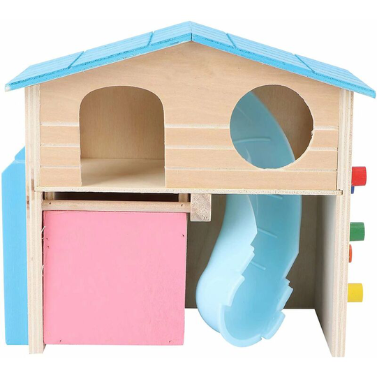 Pet Small Animal Hideout Hamster House with Wooden Climbing Ladder Gerbil Hut Hideaway Exercise Play Toys (Blue)