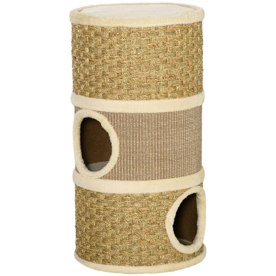 Cat Scratching Barrel Kitten Tree Tower with Sisal and Seaweed Rope - Khaki and Brown - Pawhut