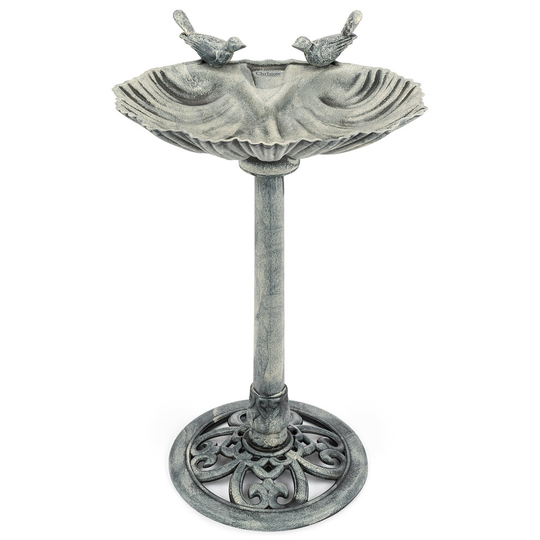 (Grey) Garden Bird Bath Clam Shell Birdbath With Rustic Metal Effect H81cm Christow