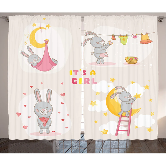 Duplantis Bunny Rabbit Sleeping Doing Laundry Picking Stars Love Cartoon Art Design 2 Piece Room Darkening Curtain Set