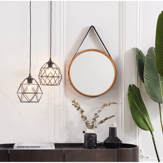 Eradis Round Wood Framed Rope Hanging Accent Mirror in Oak
