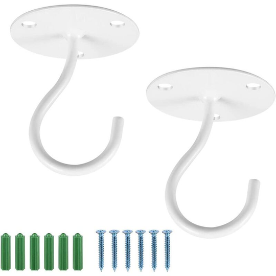 2 Pack Hanging Hooks, Metal Wall Mount Bracket with Screws for Hanging Bird Feeder Lantern Wind Chimes, White - Muff