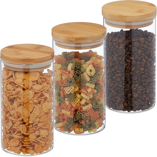 Relaxdays - Storage Jars in Set of Three, Bamboo Airtight Lids, 1000ml Each, Dry Food Storage, Glass, Transparent/Brown