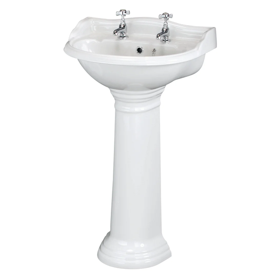 Chancery White Ceramic Circular Pedestal Basin Bathroom Sink with Faucet and Overflow