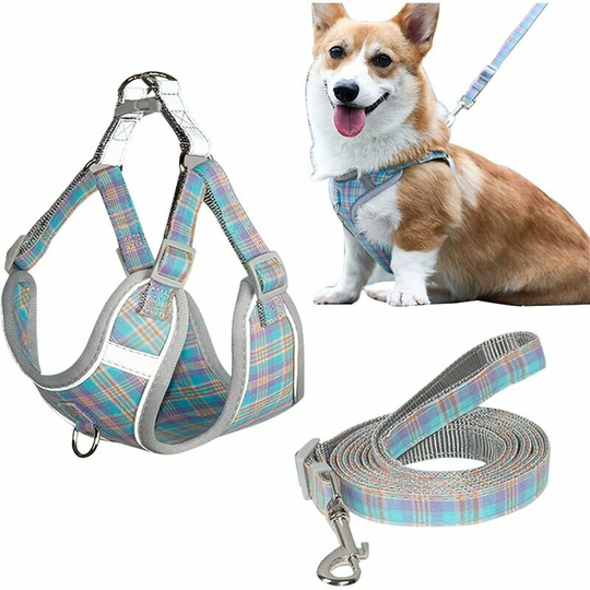 Dog Harness Cats Small Medium Dogs Puppy Harness Soft Adjustable Reflective Vest Harness Padded Plaid Fabric Chest Harness Dog Leash Vest