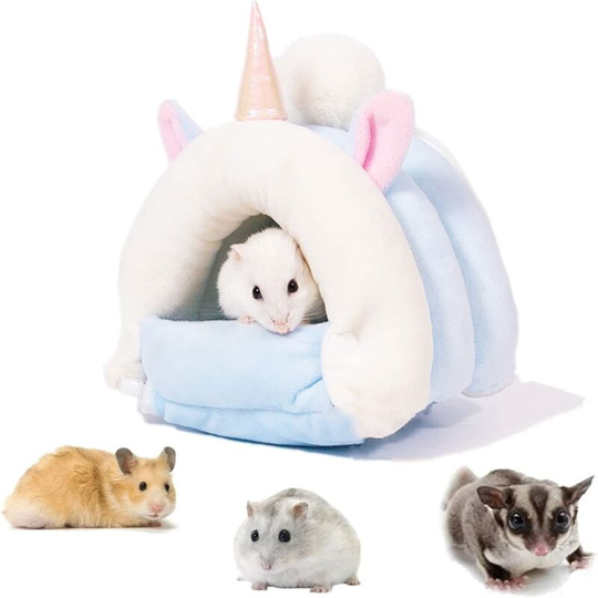 Small Winter Pet House Sleeping Rodent Warm Bed Plush House Cute Hamster Pet Nest Sleeping Bag for Sugar Glider Rats (Blue Unicorn)