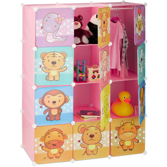 Children's Modular Shelf, Cute Animal Prints, Plastic System, Doors, Wardrobe, Clothes Rails, Pink - Relaxdays