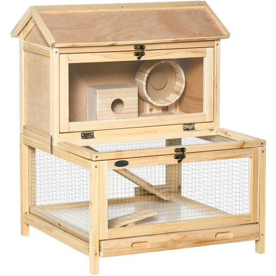 Pawhut - Wooden Hamster Cage w/ Tray, Running Wheel, Seesaw, Ladder - Natural - Natural wood finish