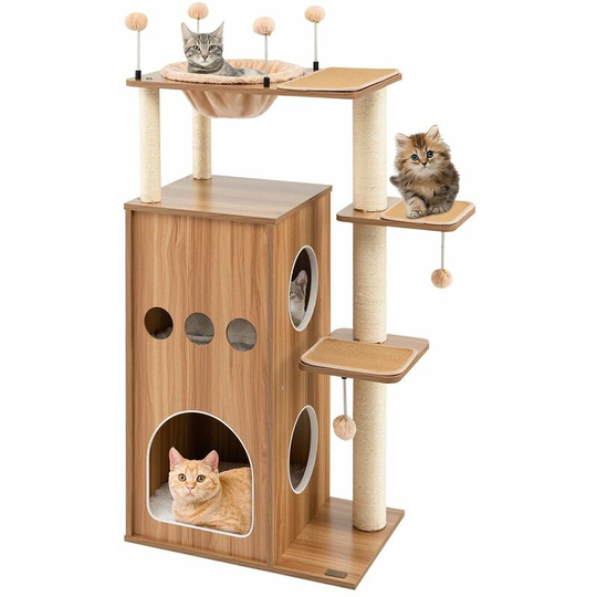 Wooden Cat Tower Large Modern Cat Tree Tower Multi-level Cat Play Center Indoor