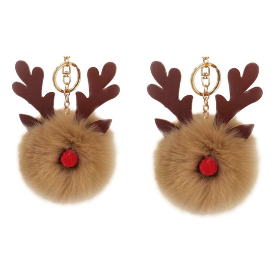 2 Pieces Imitation Rabbit Fox Fur Keychain Christmas Elk Key Ring Cute Fluffy Keyring Pendant Purse Bag Car Key Friends (Khaki)